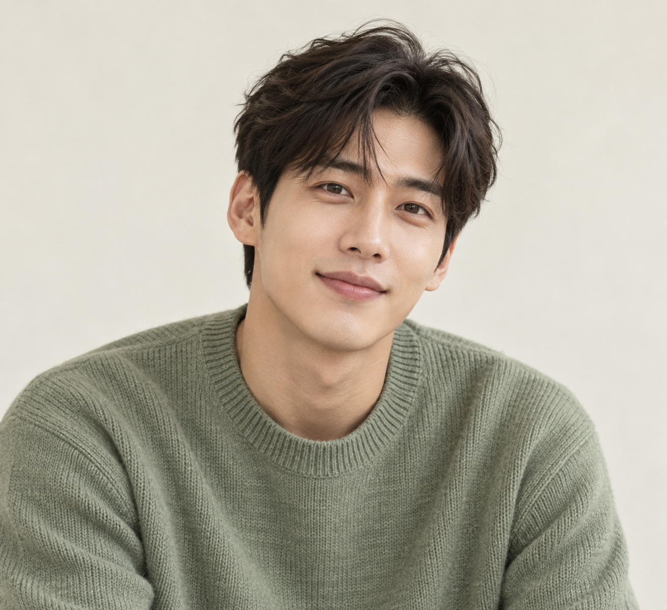 AI-generated fictional adult man with short dark hair and a sage knit sweater