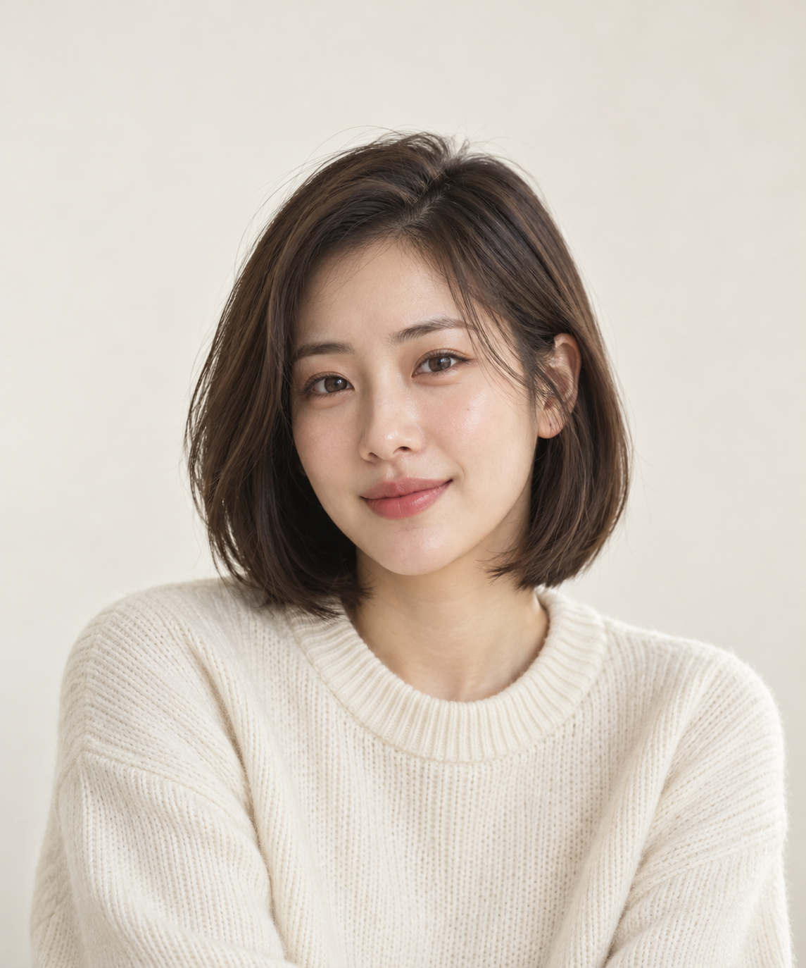 AI-generated fictional adult woman with a brown bob and ivory knit sweater